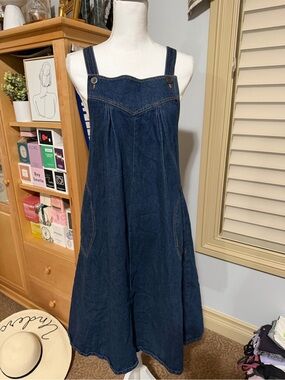 Vintage 70's Denim A-Line Overall Jumper Tent Dress with Pockets 13/14 Mizz Lizz